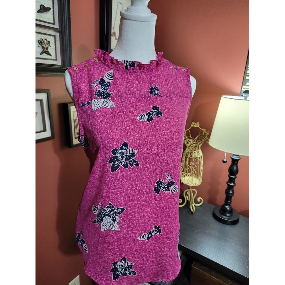 LOFT Women's S Pink Floral Ruffle Neck Sleeveless Top Business Wear Office Casua
